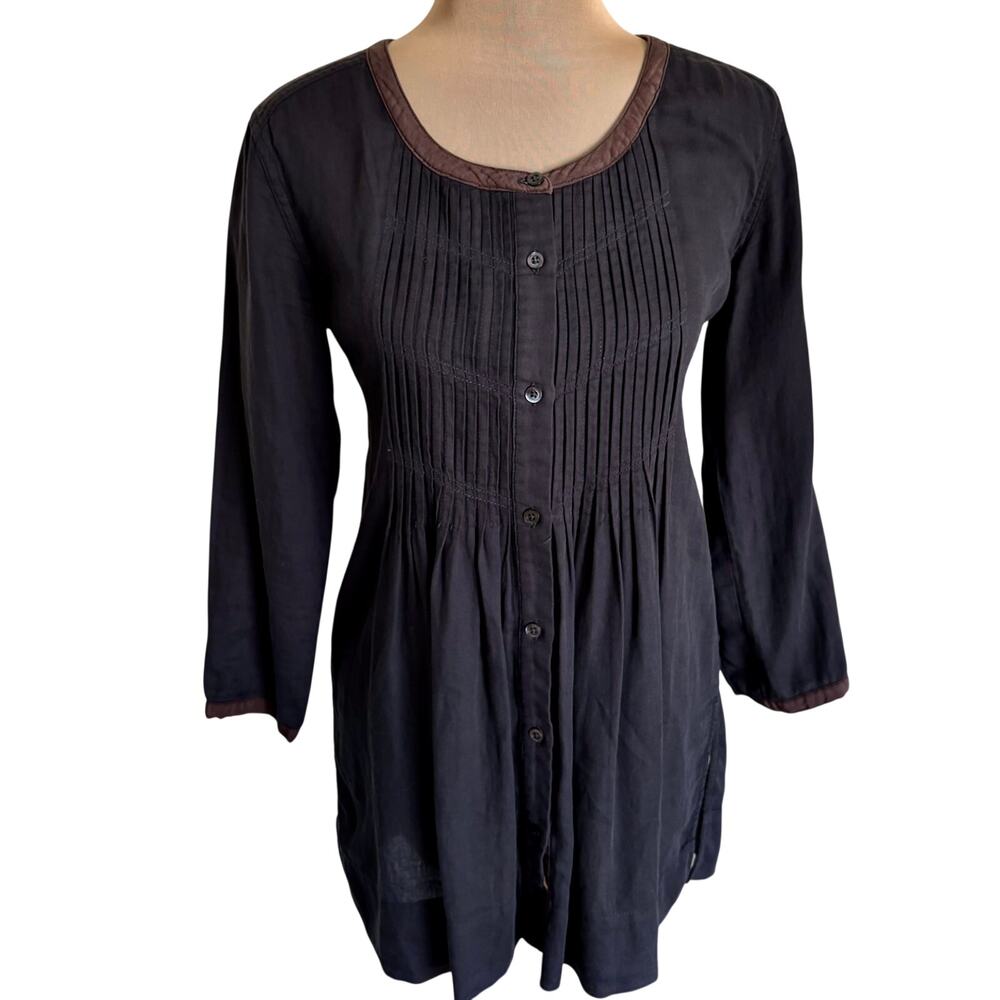 Poetry Grey 100% Cotton Pleated Peasant Victorian Blouse Button Down Prairie